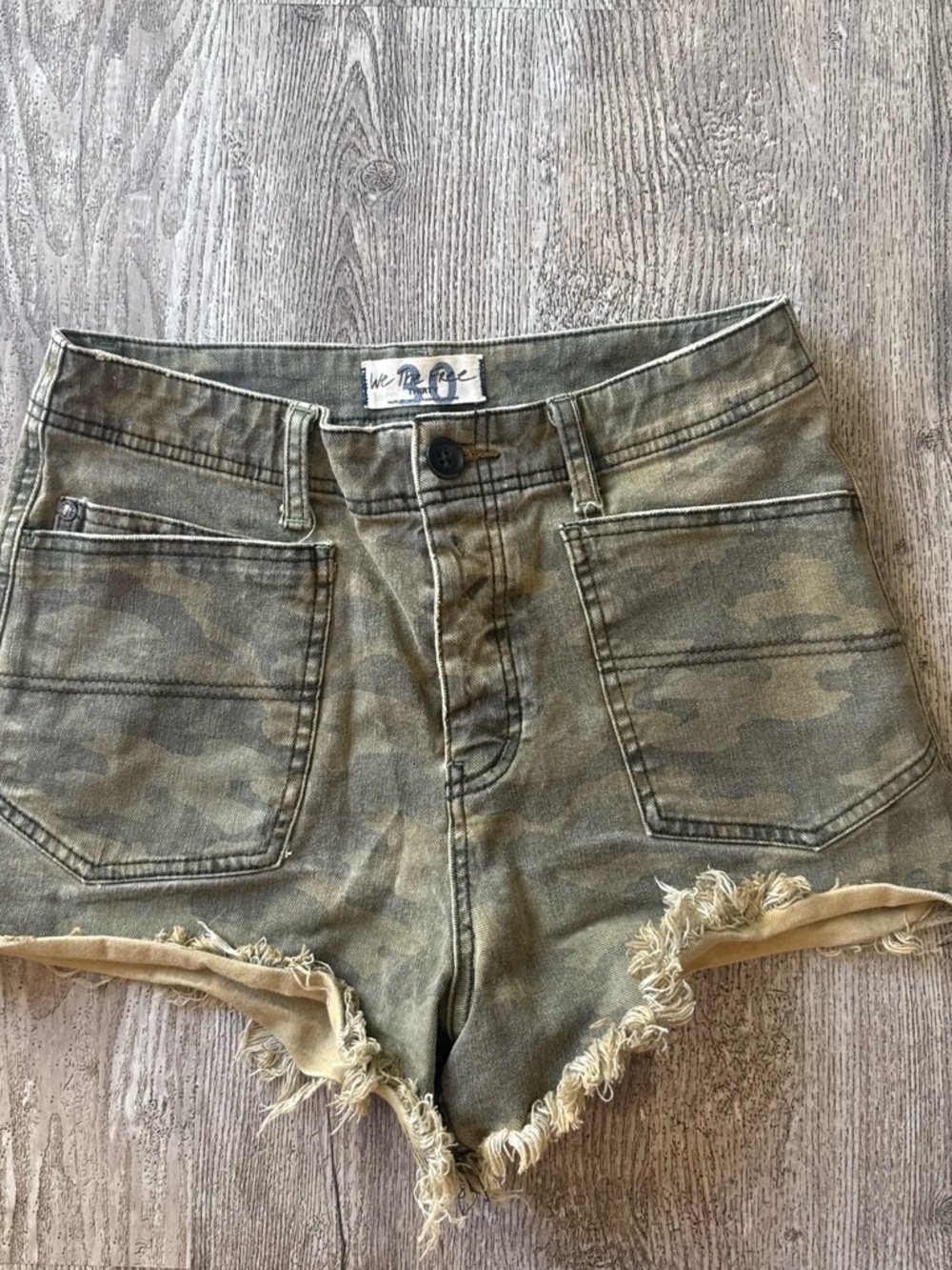 We The Free Olive Camo Frayed-Hem Denim Shorts